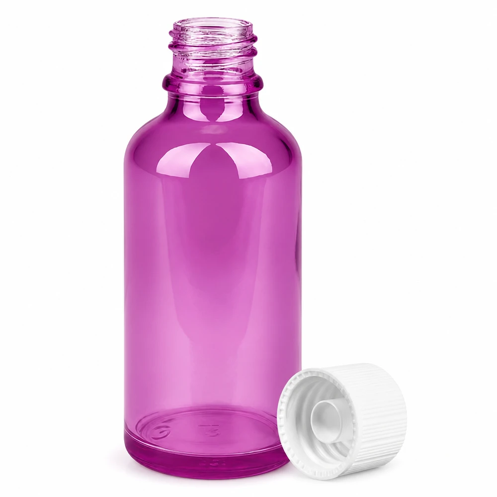 Liten 50 ml droppflaska i lila glas med 11 mm öppning för eteriska oljor och serum