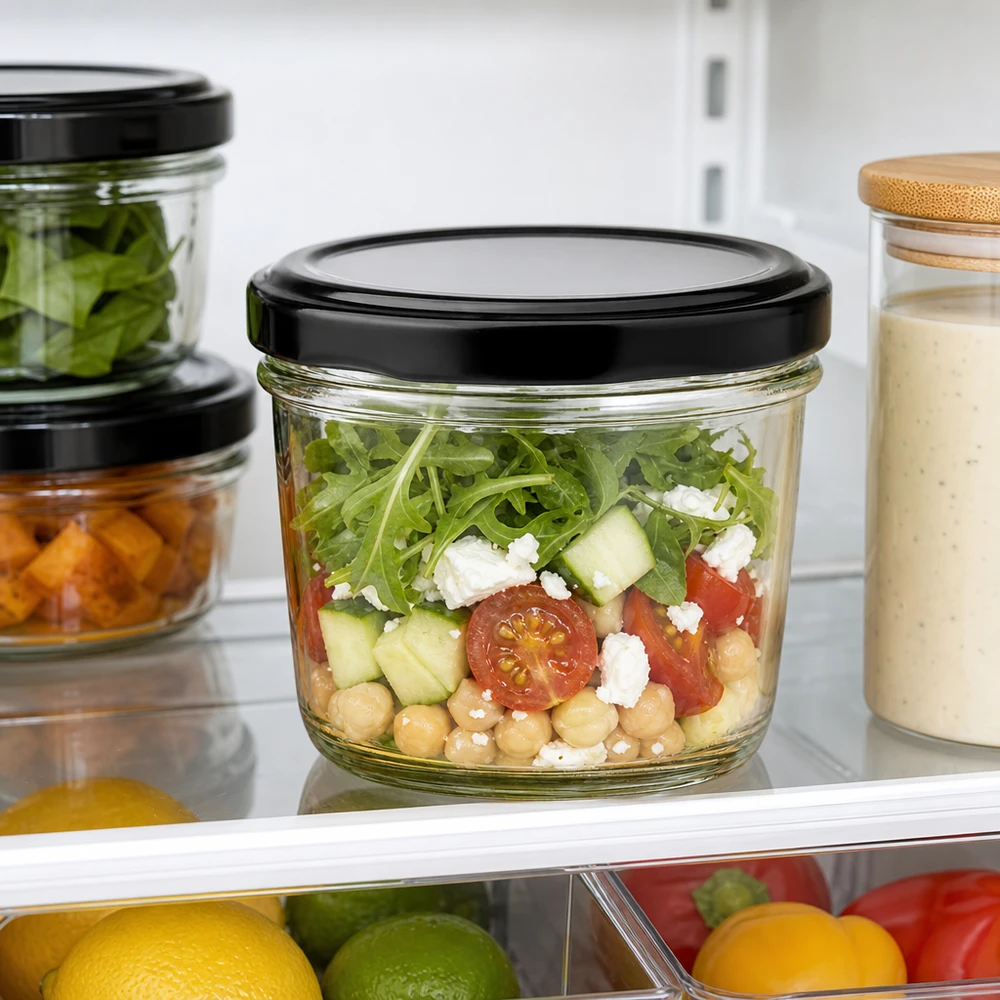 230 ml glasburk med svart lock fylld med färsk sallad i kylskåpet ger optimal färskhet
