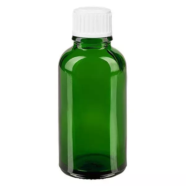 Apoteksflaska grön 30ml skruvkork vita kulor standard Apoteksflaska grön 30ml skruvkork vita kulor standard