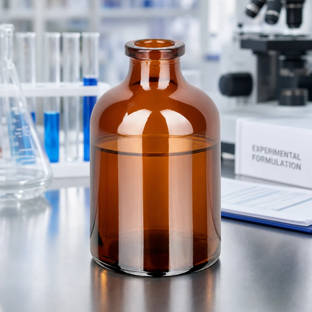 Injektionsflaska av bärnstensfärgat glas 50ml 50ml Injektionsvial Braunglas mit charakteristischer Taillierung und gerolltem Flaschenhals