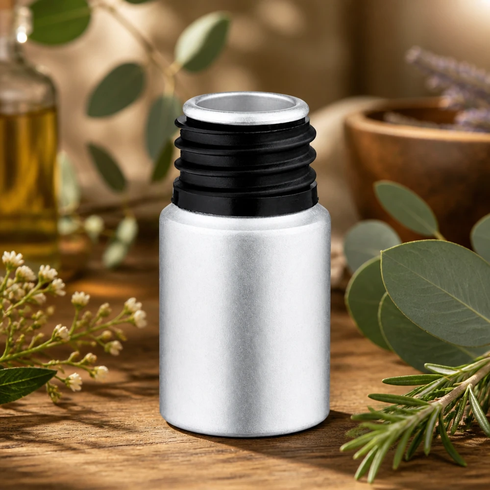 10 ml flaska i färgat aluminium Liten 10 ml aluminiumflaska i elegant silver för aromaterapioljor och essenser