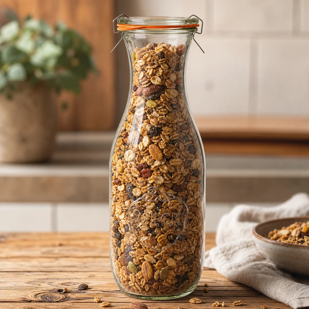 1062 ml juiceflaska komplett WECK RR60 WECK juiceflaska 1062ml RR60 fylld med müsli nötter presenterad som en förvaringsburk i en varm köksatmosfär