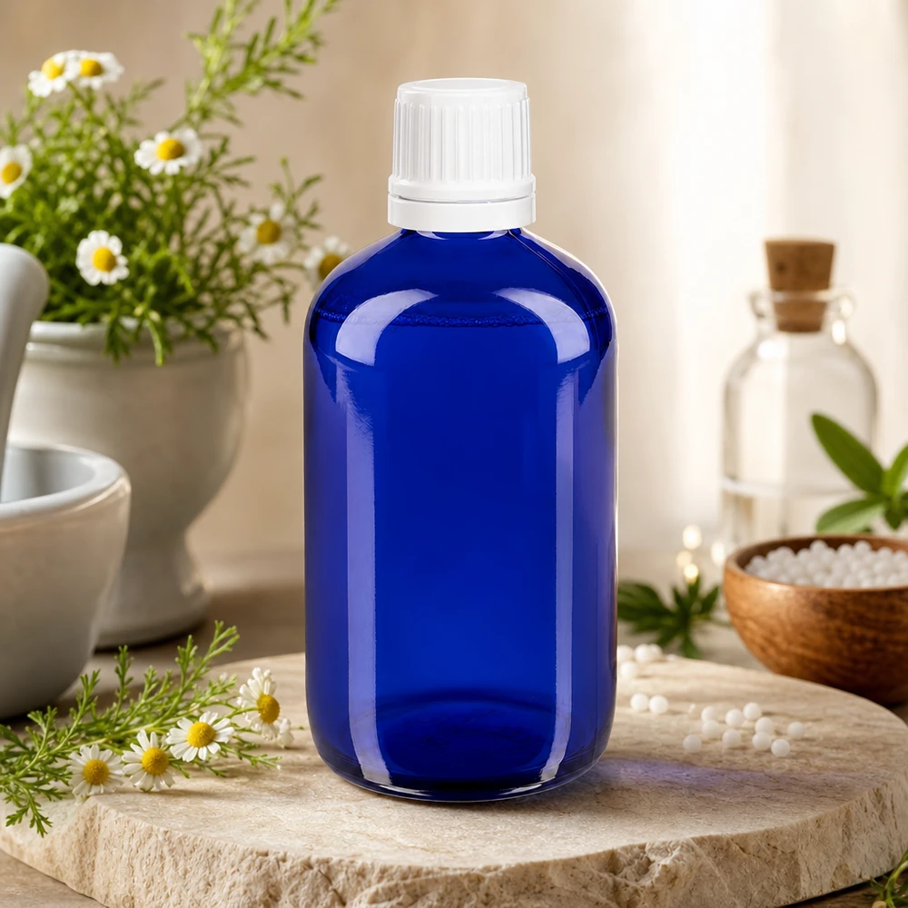 Blå glasflaska på 100 ml med vit OV-kork på natursten bredvid kamomillblommor och homeopatiska kulor
