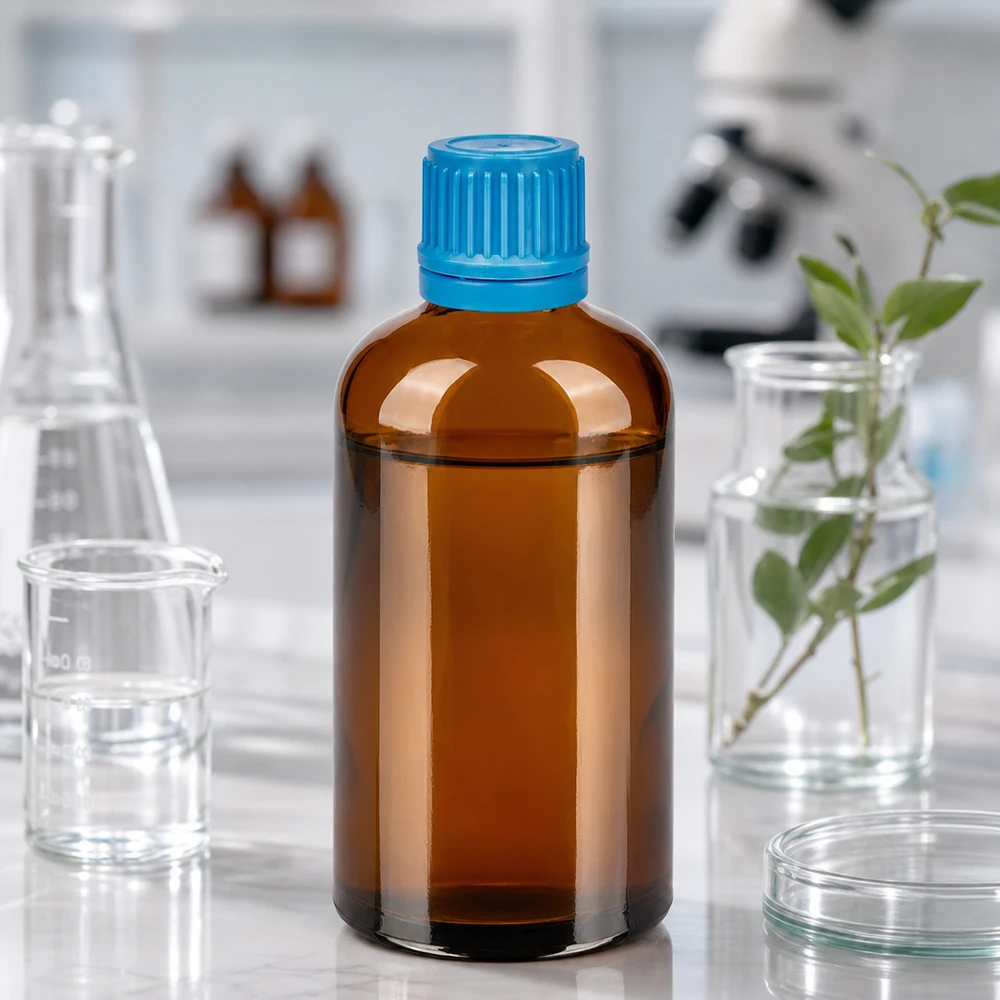 100ml flaska 11mm skruvkork blå med sabotageskydd BrownLine UT18/100 Högkvalitativ 100 ml glasflaska i brunt med blått manipuleringssäkert lock för farmaceutisk användning