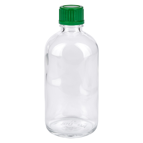 100ml flaska 11mm skruvkork grön Standard ClearLine UT18/100 100 ml klar glasflaska med grönt skruvlock, 11 mm, ClearLine UT18/100