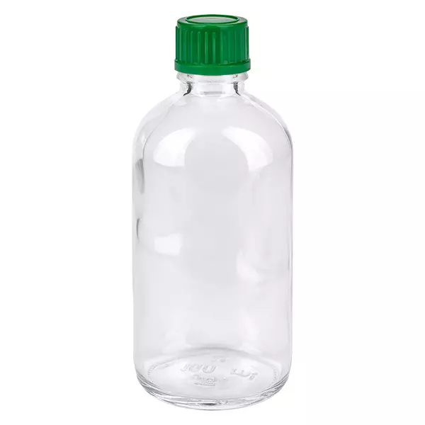 100ml flaska 11mm skruvkork grön Standard ClearLine UT18/100 100 ml klar glasflaska med grönt skruvlock, 11 mm, ClearLine UT18/100
