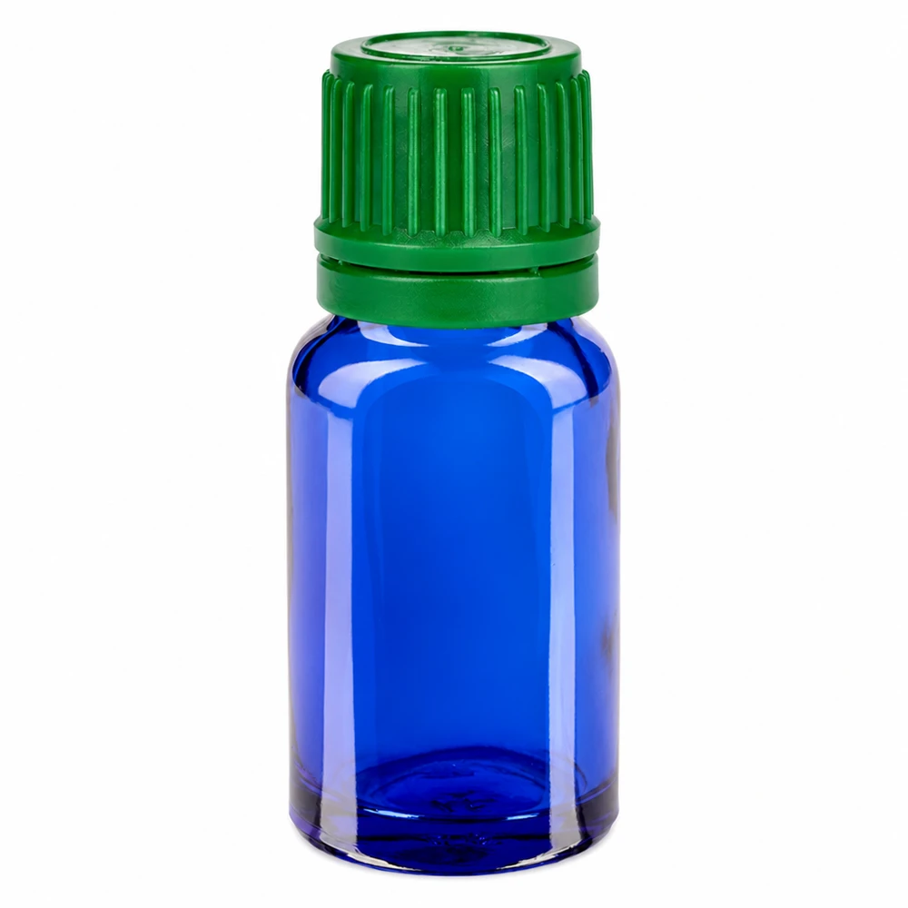 10 ml blå glasflaska med grönt skruvlock för eteriska oljor och kosmetika