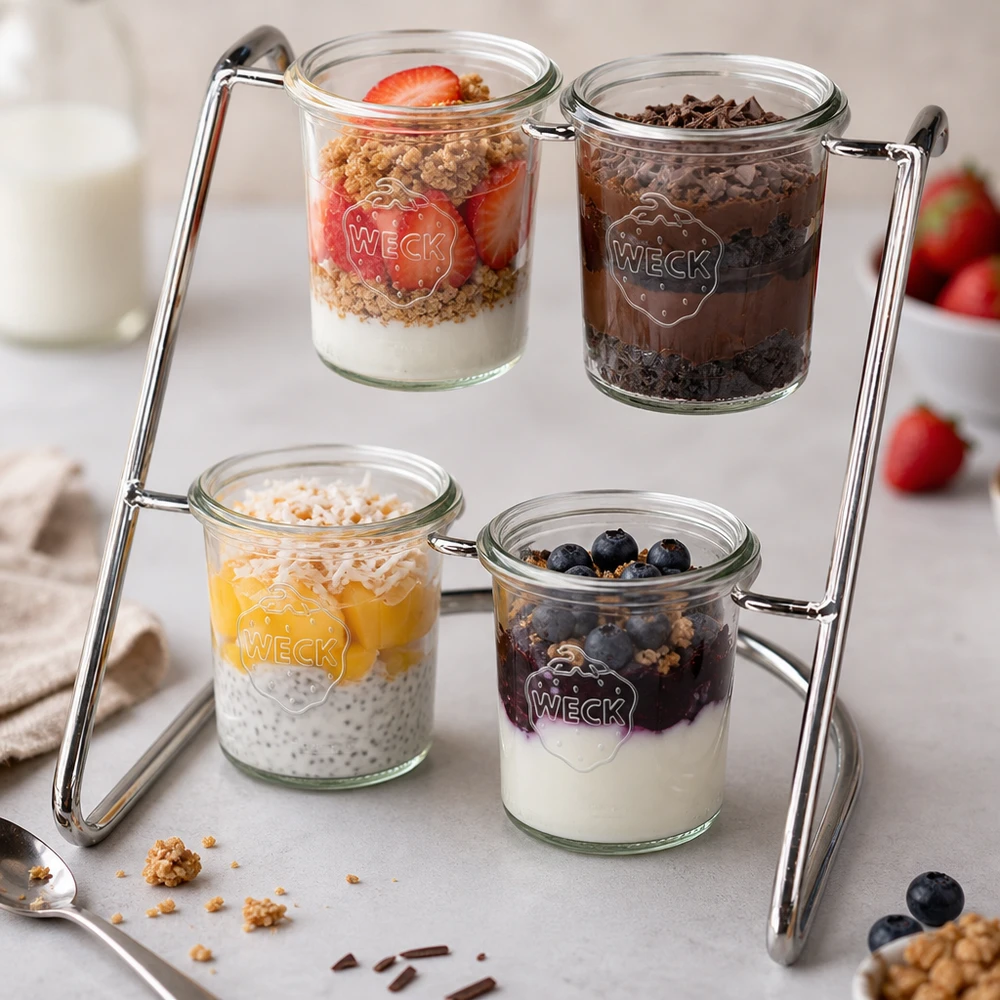 Serveringsställ Flato4 för 4 WECK-burkar Flato4 serveringsställ med färgglada desserter i WECK-burkar - yoghurt, bär och granola presenteras på ett aptitretande sätt