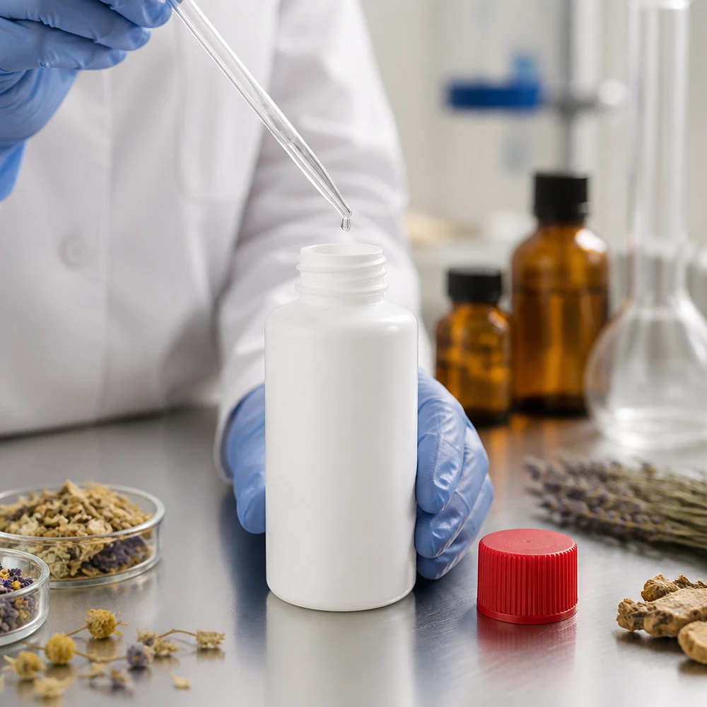 Apoteksflaska av HDPE, 50 ml, vit med rött skruvlock i ett farmaceutiskt laboratorium