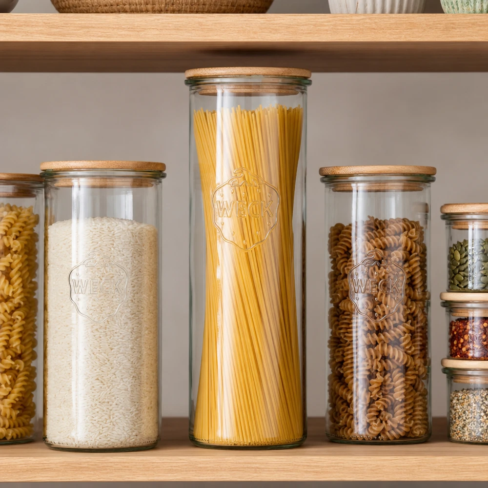1500ml WECK RR100 Krossade glasögon med trälock WECK förvaringsburk 1500ml RR100 med trälock för spaghetti ris nudlar perfekt köksorganisation skafferi