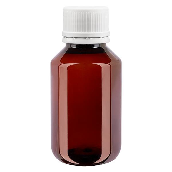 PET-flaska 100ml med vitt säkerhetslock, fint räfflad PET-flaska 100ml med vitt säkerhetslock, fint räfflad
