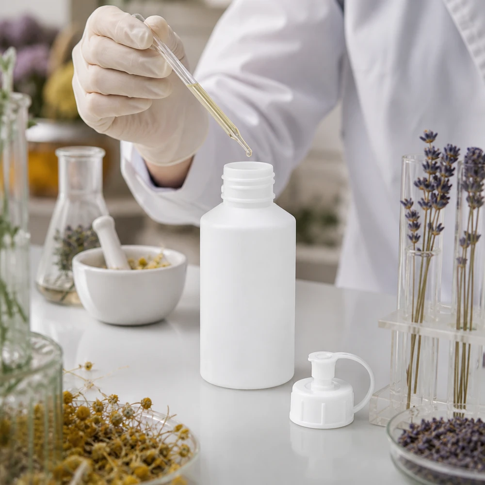 Vit 50 ml HDPE-apotekflaska med öppnad sprutkork bredvid lavendelblommor i ett laboratorium