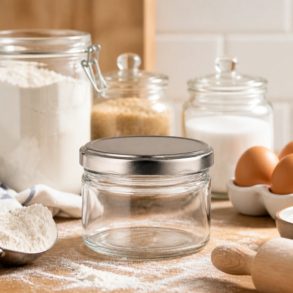 540ml rund burk tom med silvermatt lock i kök, bakingredienser mjöl ägg, mångsidig förvaringsburk