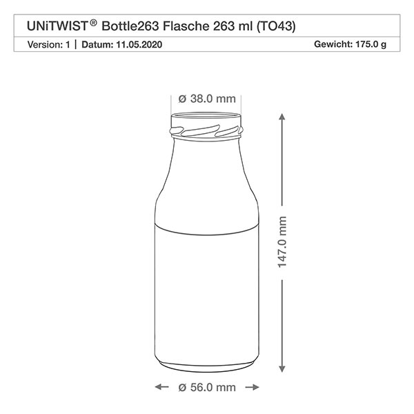 263 ml flaska utan lock (TO43) UNiTWIST UNiTWIST Bottle263 glasflaska 263ml TO43 med måtten 147mm höjd 56mm diameter teknisk ritning
