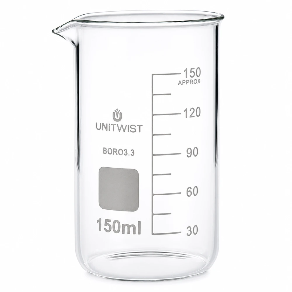 Becherglas 150 ml, hög modell, av borosilikatglas, transparent, med milliliterskala, UNITWIST