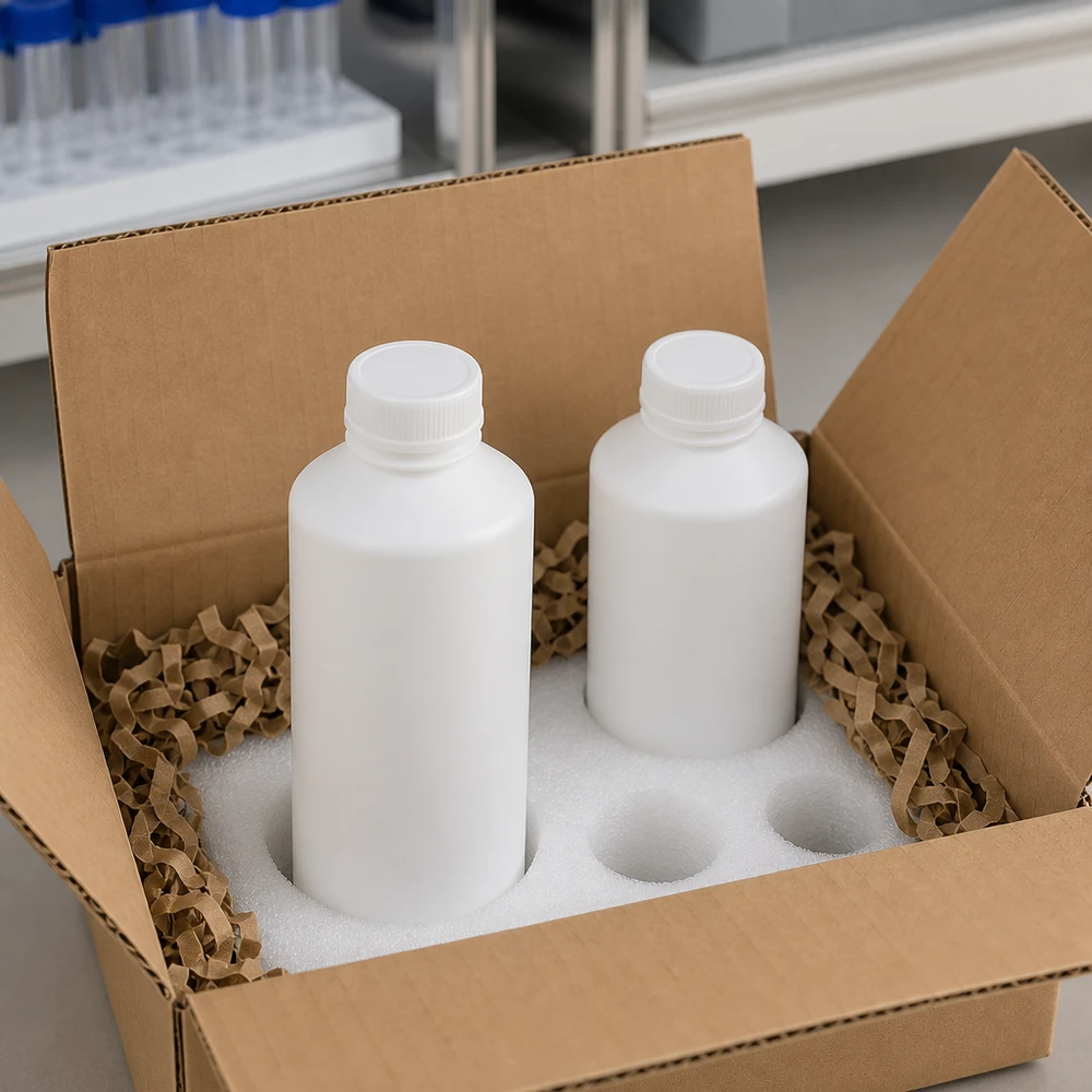 Apoteksflaska HDPE 100ml vit, utan lock Två vita HDPE-apotekflaskor à 100 ml utan lock, säkert förpackade i en kartong med skumplastinlägg