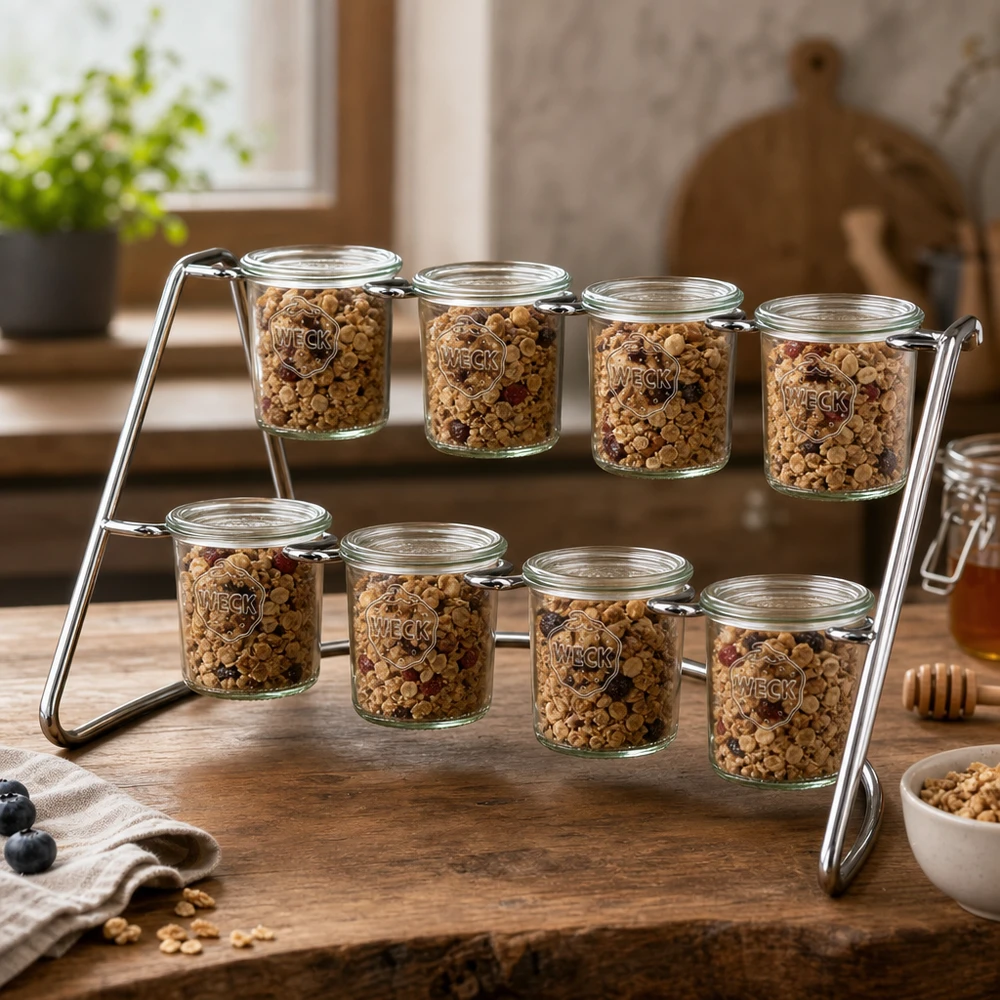 WECK Serviergestell Flato8 mit Müsli und Nüssen gefüllt zeigt praktische Küchenorganisation auf Holztisch