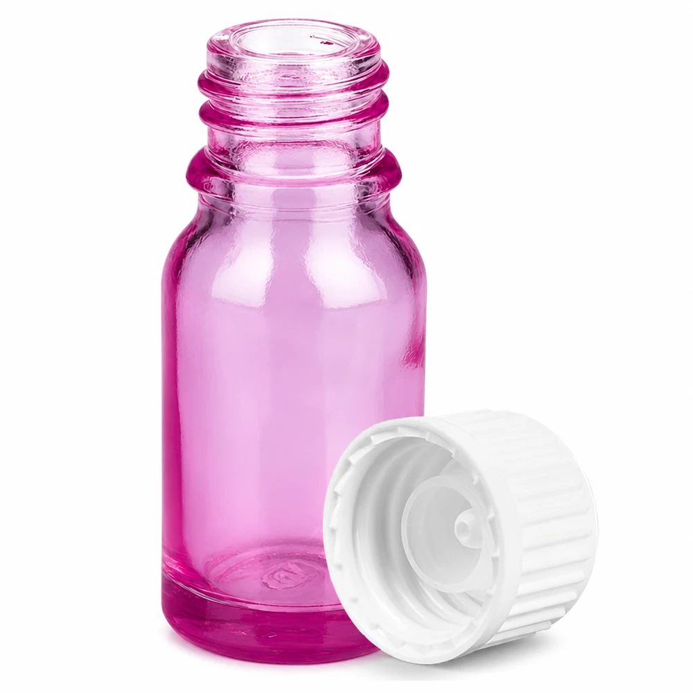 Liten 10 ml glasflaska i lila färg med praktiskt skruvlock för aromaterapi