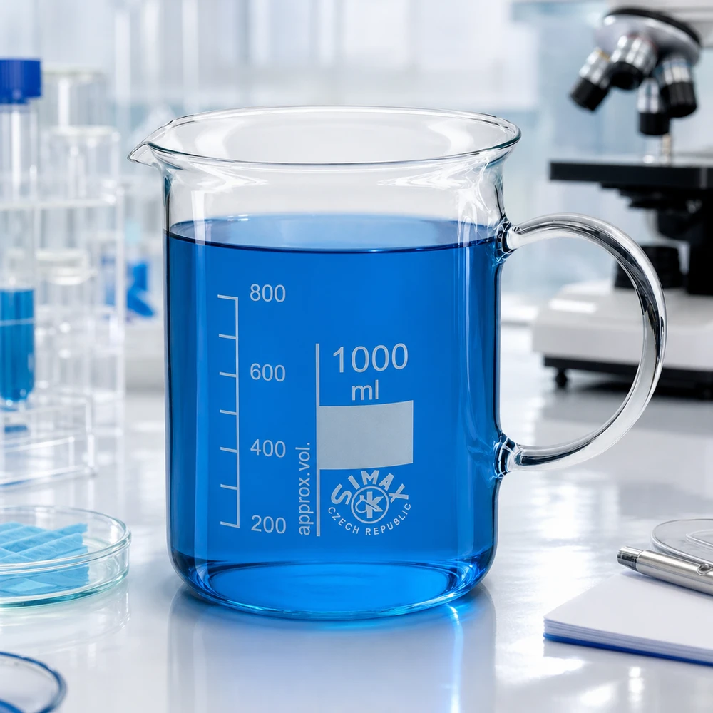 Bägare 1000 ml borosilikatglas, med handtag Eppendorfglas på 1000 ml med blå vätska och handtag i en laboratoriemiljö
