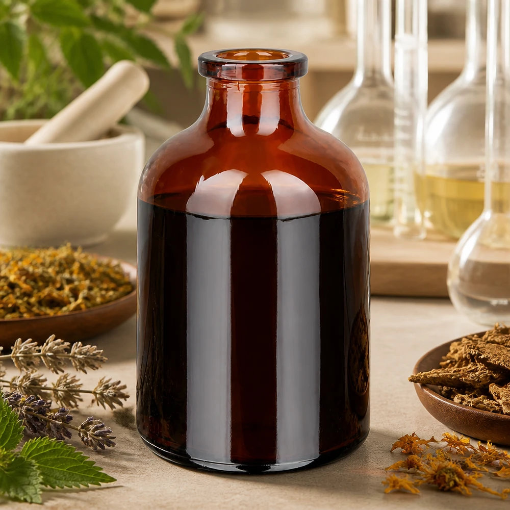 Injektionsflaska av bärnstensfärgat glas 50ml Braunglas Injektionsflasche 50ml für pflanzliche Extrakte mit Kräutern und Laborgeräten im Hintergrund