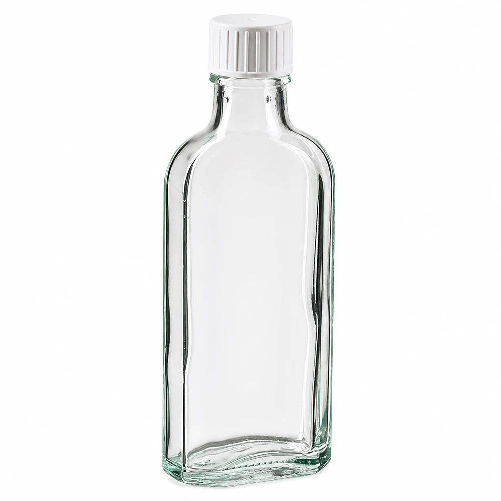 100 ml Meplat-flaska, klar, med vitt skruvlock och hällring i glas