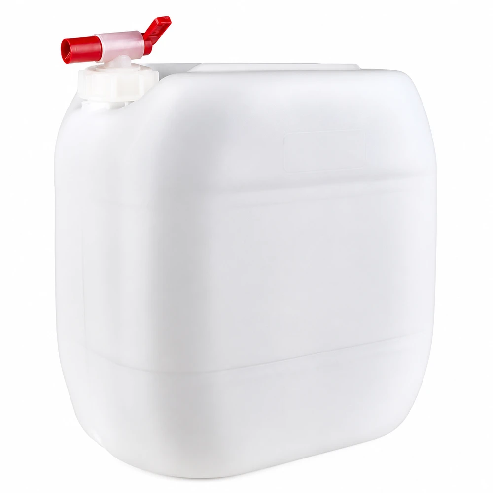 30 liters dunk med avtappningskran Vit 30-liters plastdunk med röd utloppskran, tillverkad av livsmedelsgodkänd HDPE