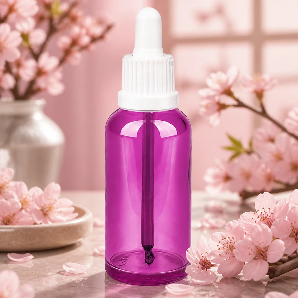 Lila 50 ml kosmetikflaska med pipett, idealisk för serum och ansiktsoljor