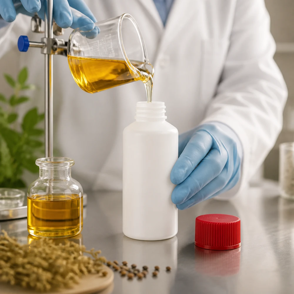 Laboratorieteknikern fyller en 50 ml vit HDPE-apotekflaska med gult extrakt från ett bägarglas