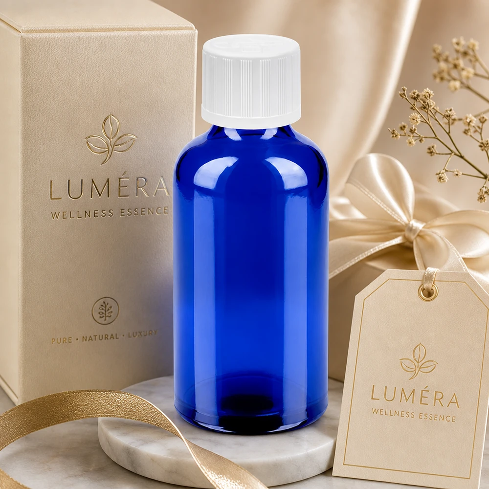50 ml rund axelflaska i ljus koboltblå med vitt lock för wellnessessenser