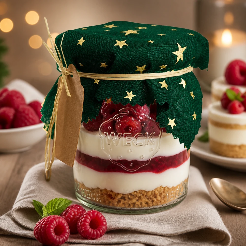 Festlig dessert i burk med grön stjärna och prydnadsduk 12cm kvadrat, hallon och grädde som presentidé