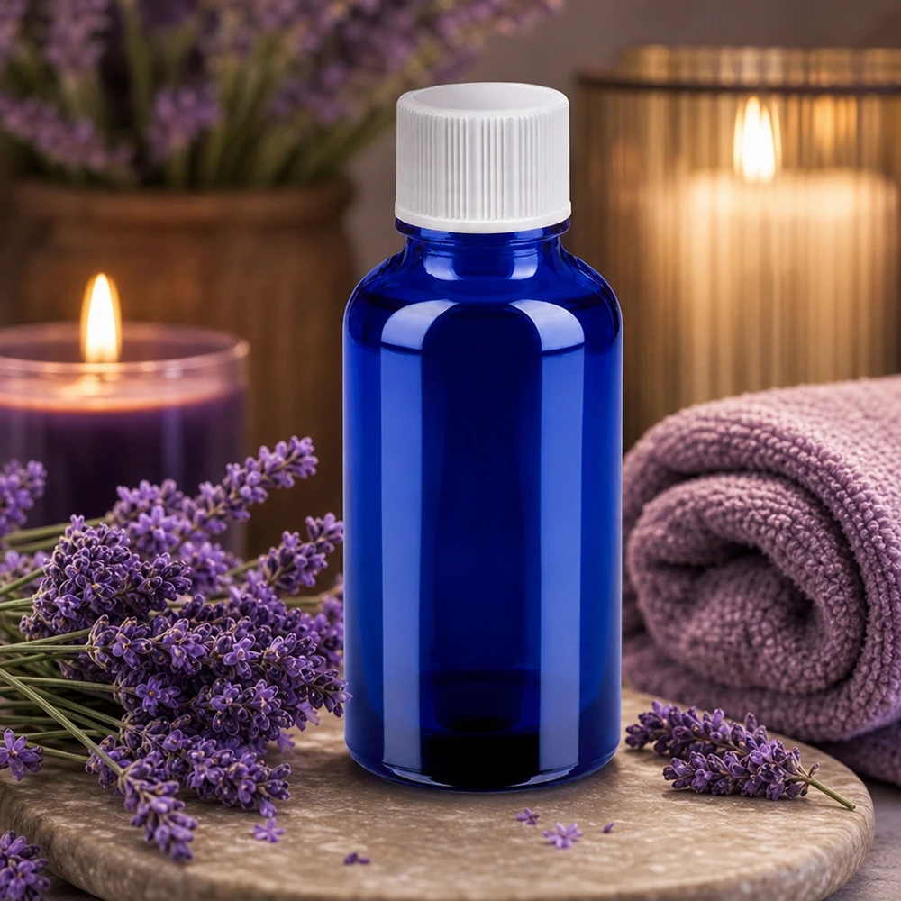 30 ml glasflaska i koboltblått med barnsäkert lock för aromaterapi och wellness