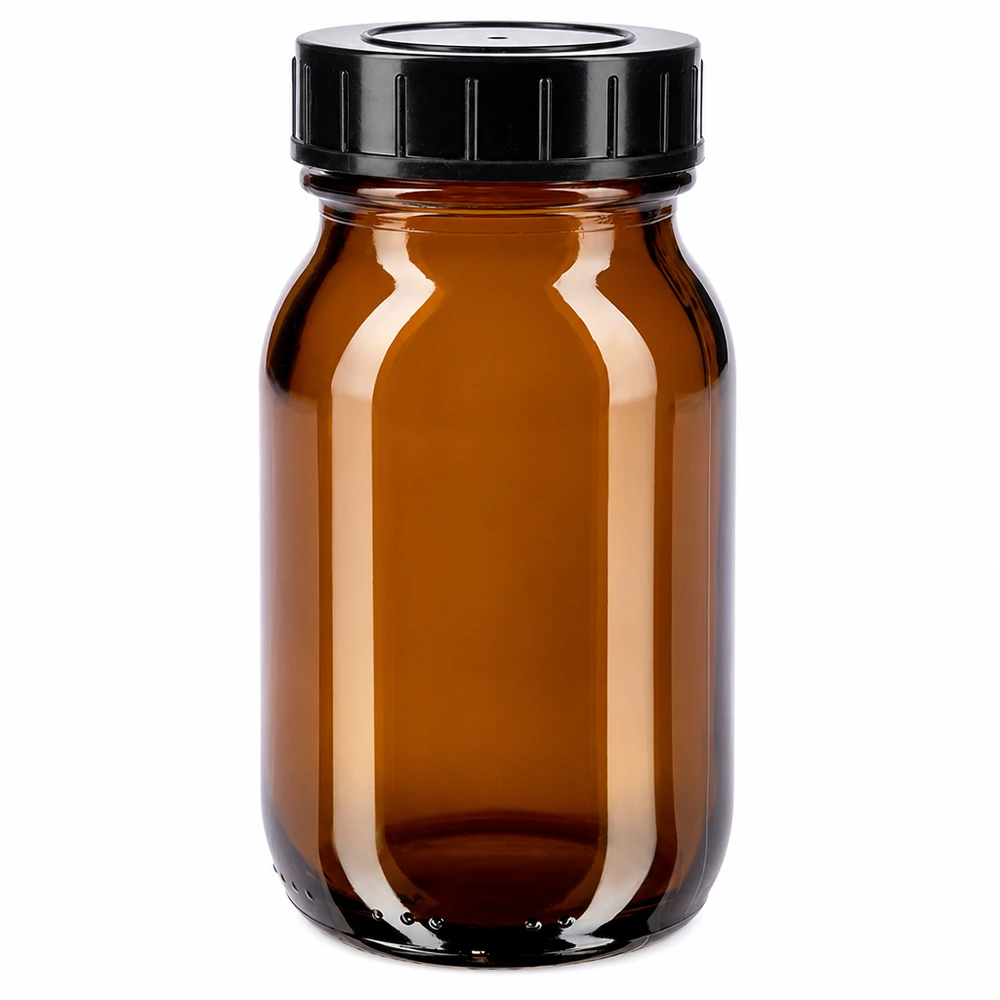 100ml bredhalsad flaska bärnstensfärgat glas med skruvkork 100 ml flaska med vid hals av bärnstensfärgat glas med svart skruvlock för säker förvaring