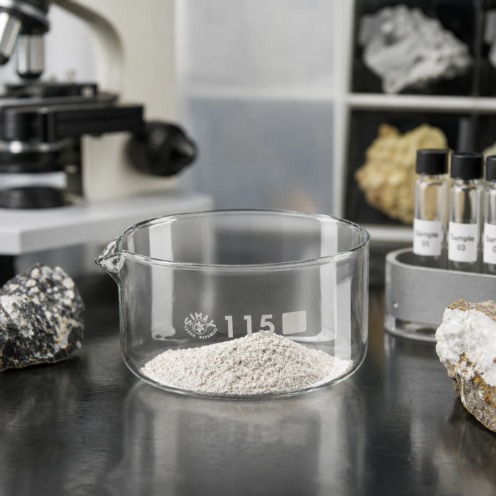 500ml kristalliseringsskål med pip borosilikat ø115mm Kristallisationsskål 500 ml med malet stenmjöl för mineralogiska laboratorier, SIMAX borosilikatglas