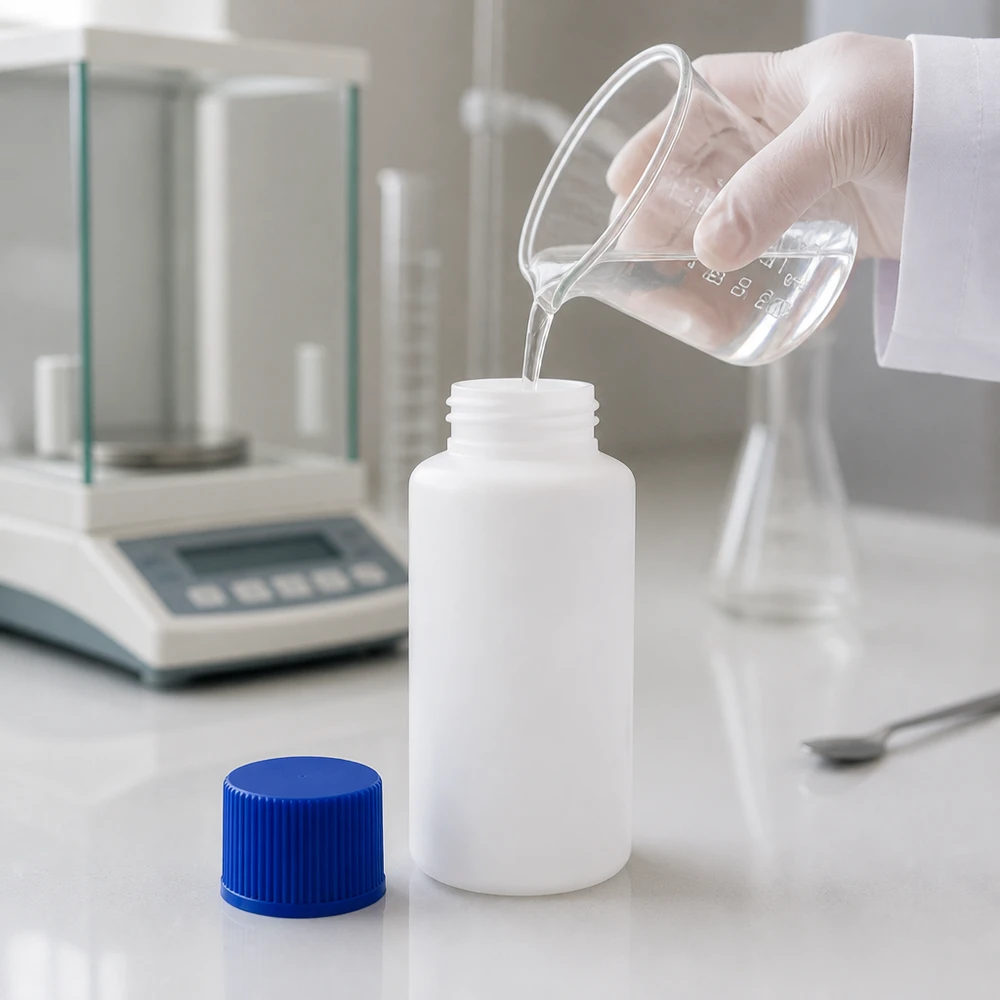 Apoteksflaska HDPE 30ml vit, med blått skruvlock En klar vätska hälls i en vit 30 ml HDPE-apotekflaska med blå skruvkork