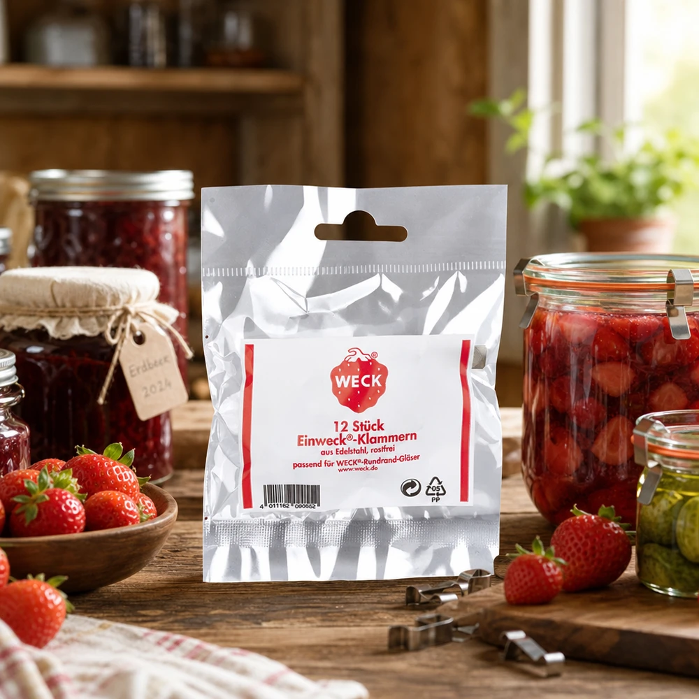 Original WECK-klämmor (förpackning(ar) med 12) WECK klämmer fast förpackningar i rustikt kök med konserveringsburkar jordgubbar och sylt Användningsexempel