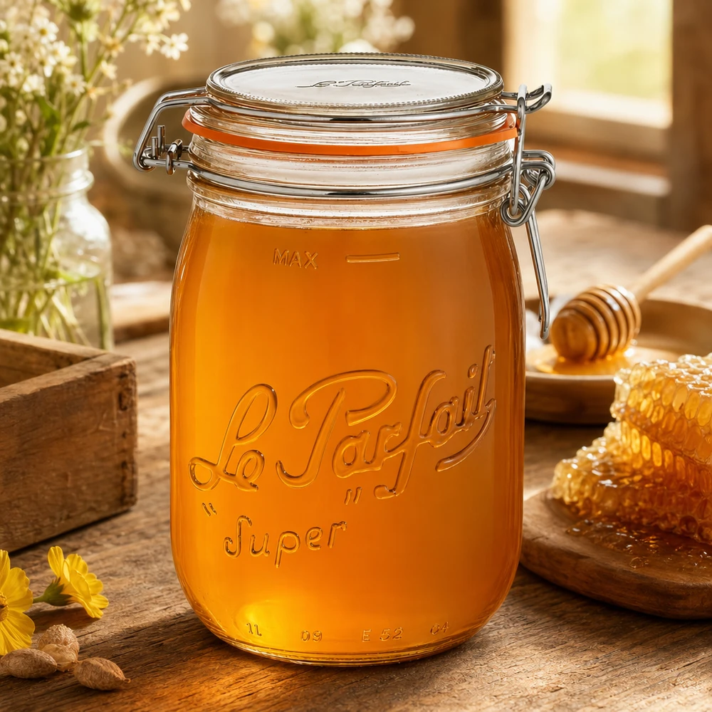 Le Parfait® burk 1 L Ø85 mm förvaring 1000 ml Le Parfait Super förvaringsburk med svängbar topp fylld med honung på ett träbord med bikakor och honungssked