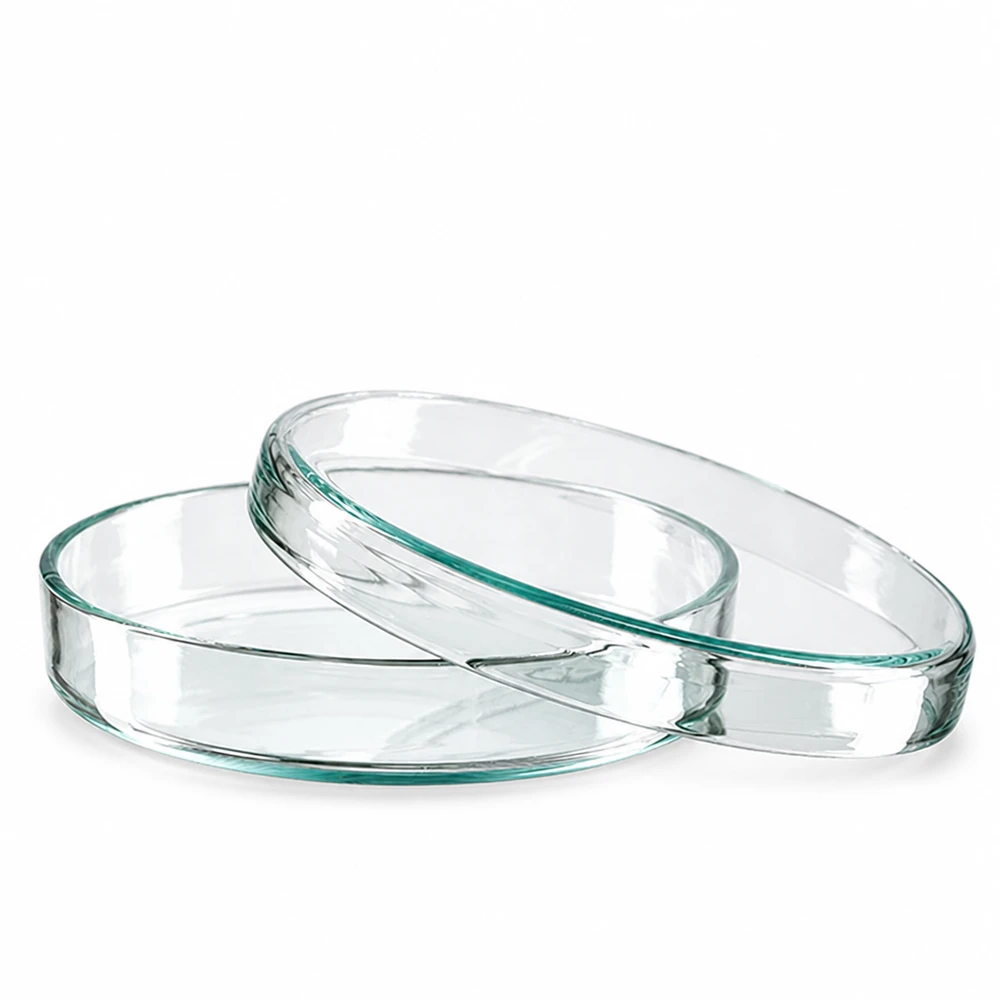 Petriskål 80x15mm glas Två runda petriskålar av glas, 80 x 15 mm, staplade på varandra mot en vit bakgrund