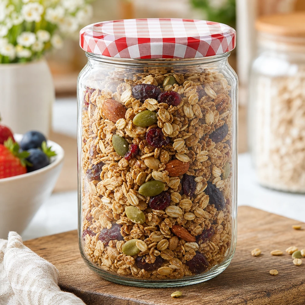 795ml rund burk med BasicSeal-lock röd/vit UNiTWIST 795 ml rund burk med BasicSeal-lock fylld med müsli och torkad frukt, perfekt för förvaring av mat i köket