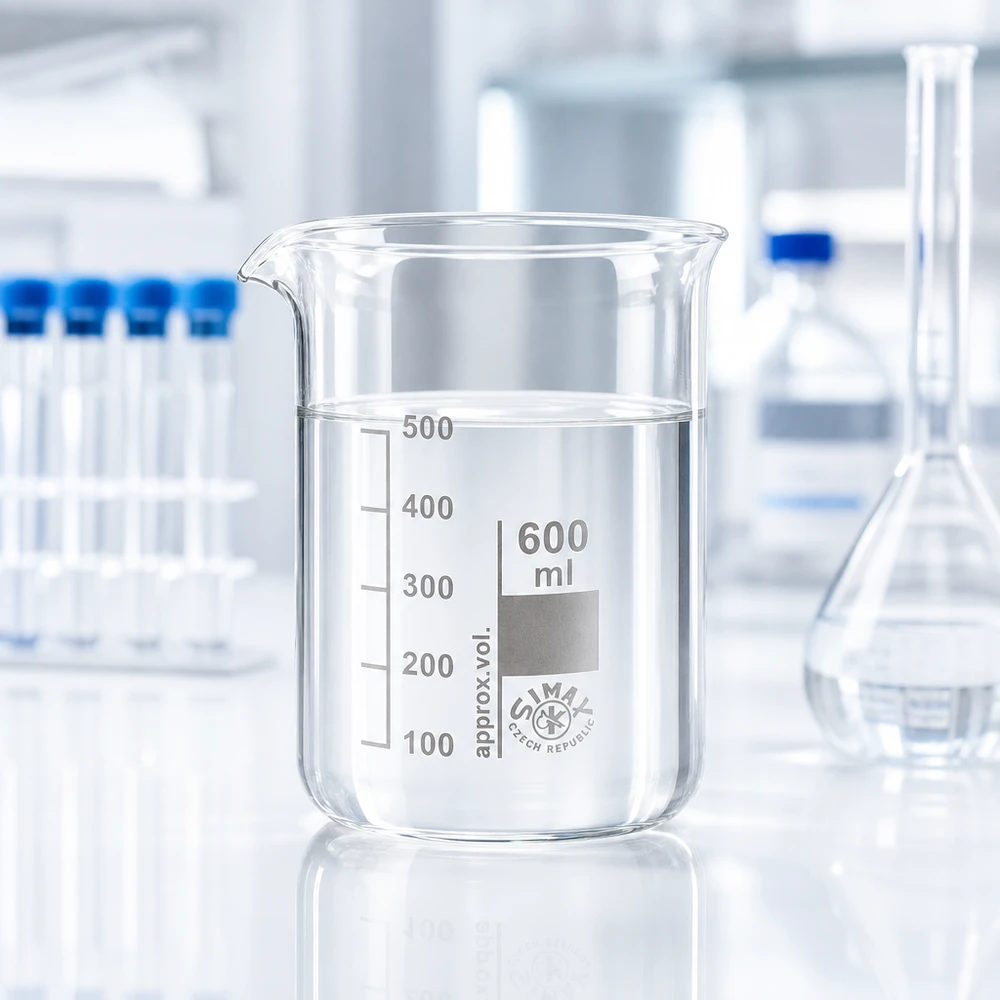 Bägare 600ml borosilikatglas, låg form Transparent bägare 600ml med låg form tillverkad av högkvalitativt borosilikatglas för laboratorium och kök