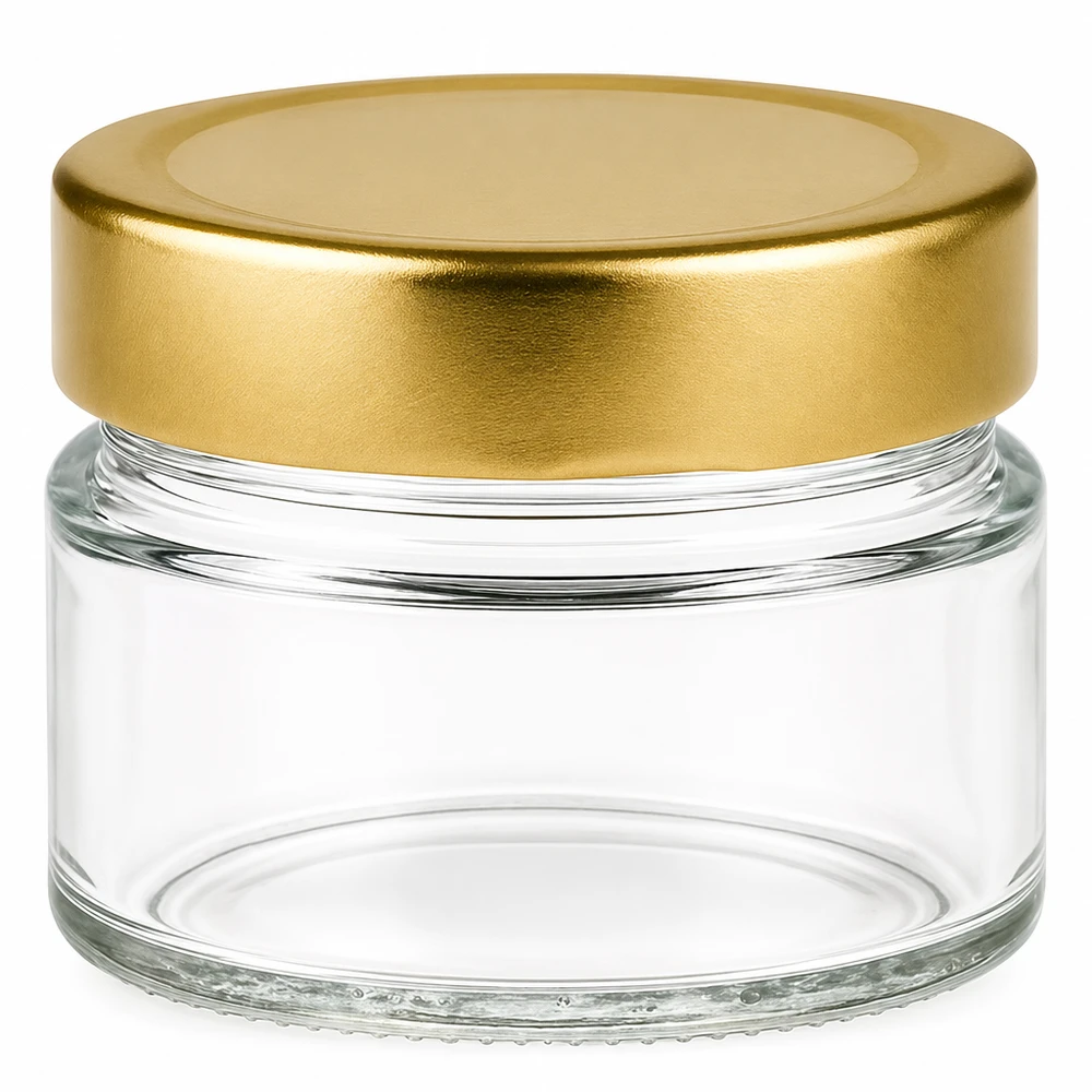Rund glasburk 80 ml med lock BasicSeal guld djup UNiTWIST Rund glasburk 80 ml med lock BasicSeal guld djup UNiTWIST