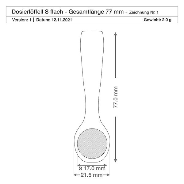 Träspade storlek S skedform - 77 mm lång Detaljerad dimensionell ritning liten träspade 77mm längd 21,5mm bredd 17mm skopdiameter teknisk specifikation