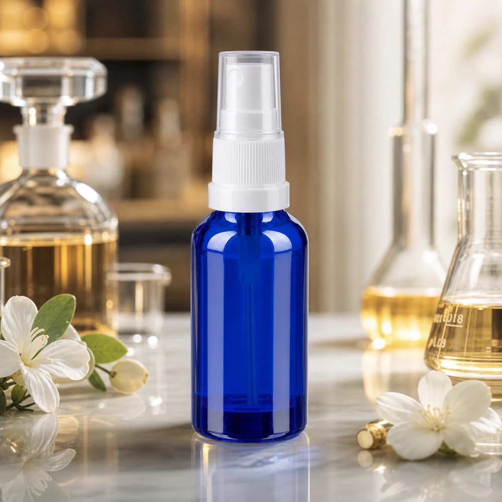 30 ml blå sprayflaska med transparent sprayhuvud för kosmetiska applikationer och hudvård