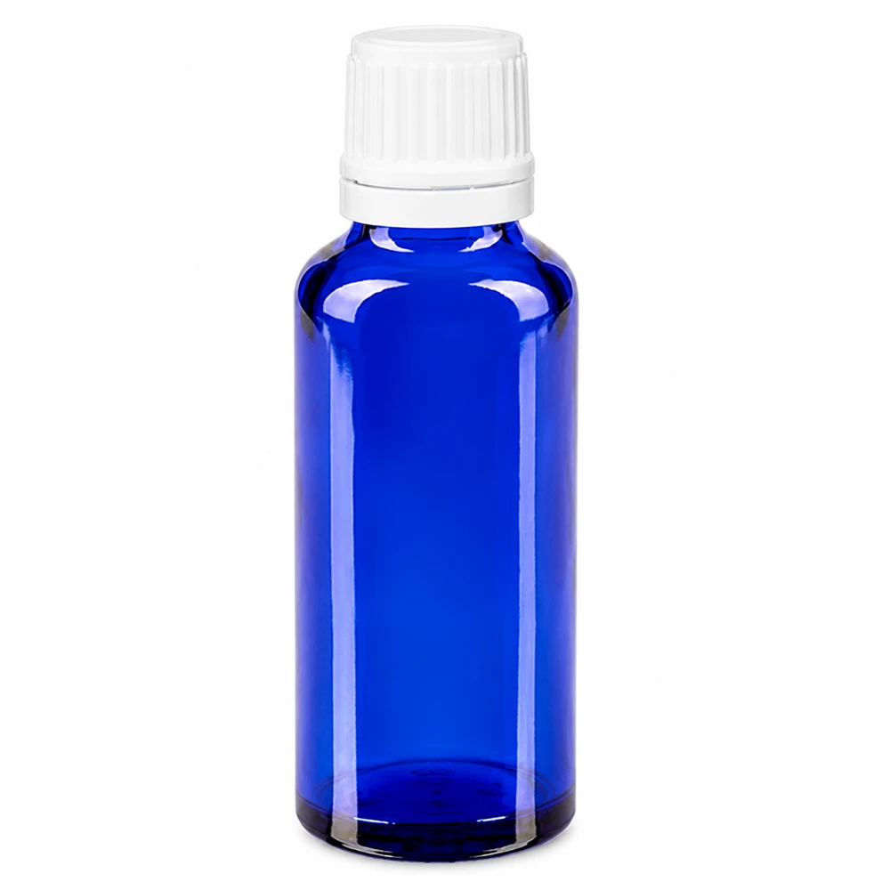 30 ml blå apoteksflaska i glas med vit originalförslutning och 0,7 mm droppinsats