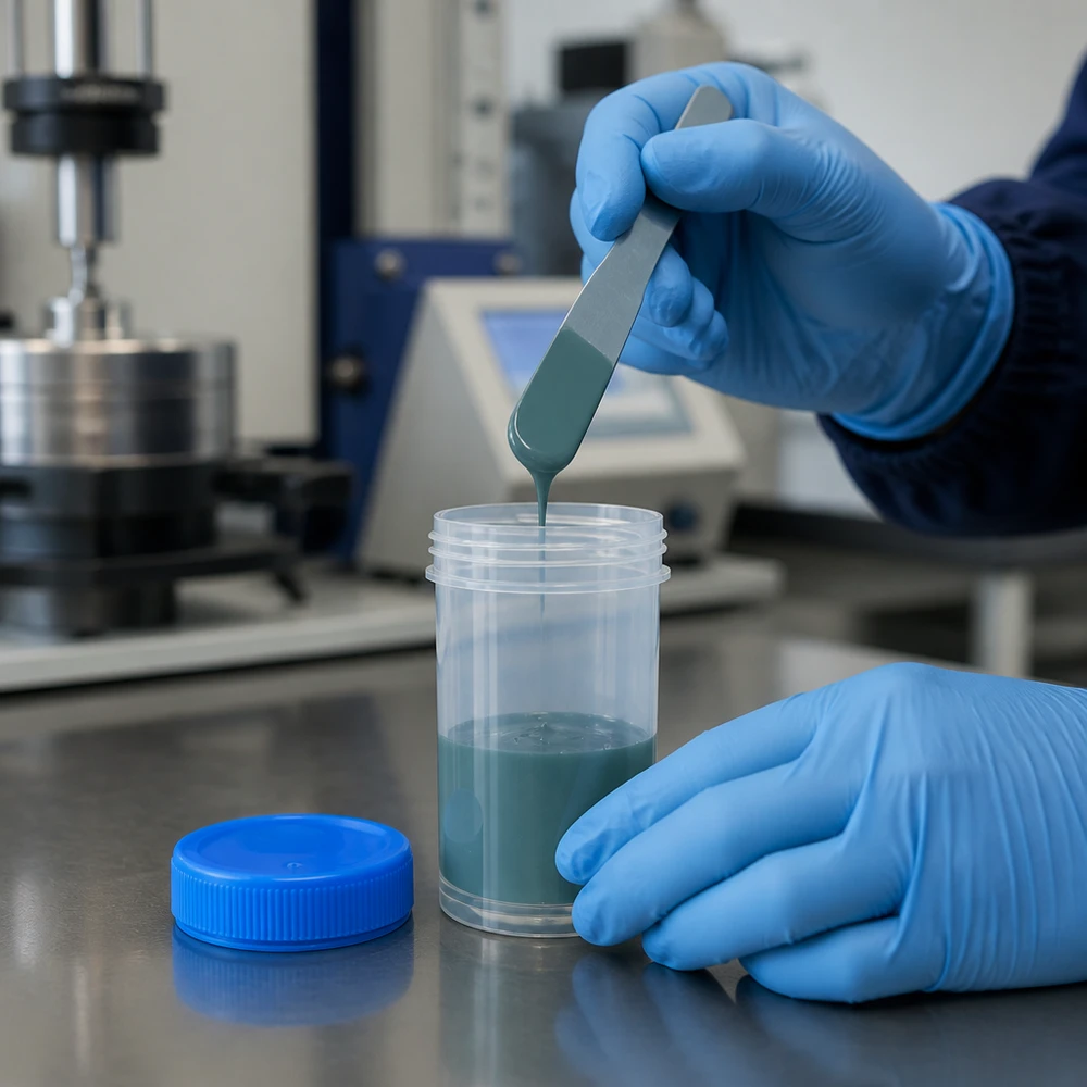 Universal plastburk (patho-kärl) 50ml En person med handskar överför en blågrön, trögflytande substans med en spatel till en genomskinlig provbehållare på 50 ml