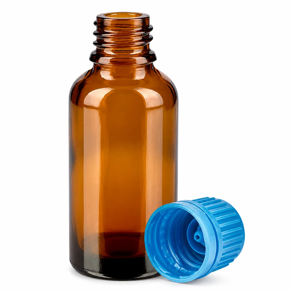 30 ml apoteksflaska av bärnstensfärgat glas med blått lock för säker förvaring