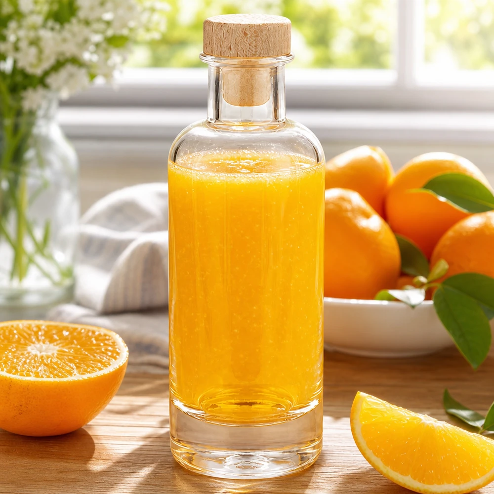 200 ml glasflaska Ella med träkork fylld med apelsinjuice bredvid skivade apelsiner på en träbräda