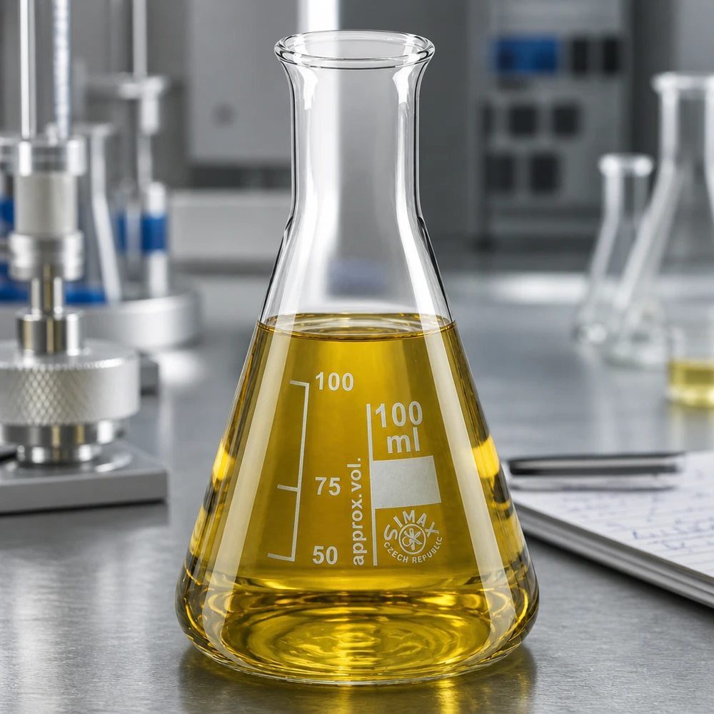 Erlenmeyerkolv 100ml med smal hals och gul testvätska för professionella laboratorieanalyser