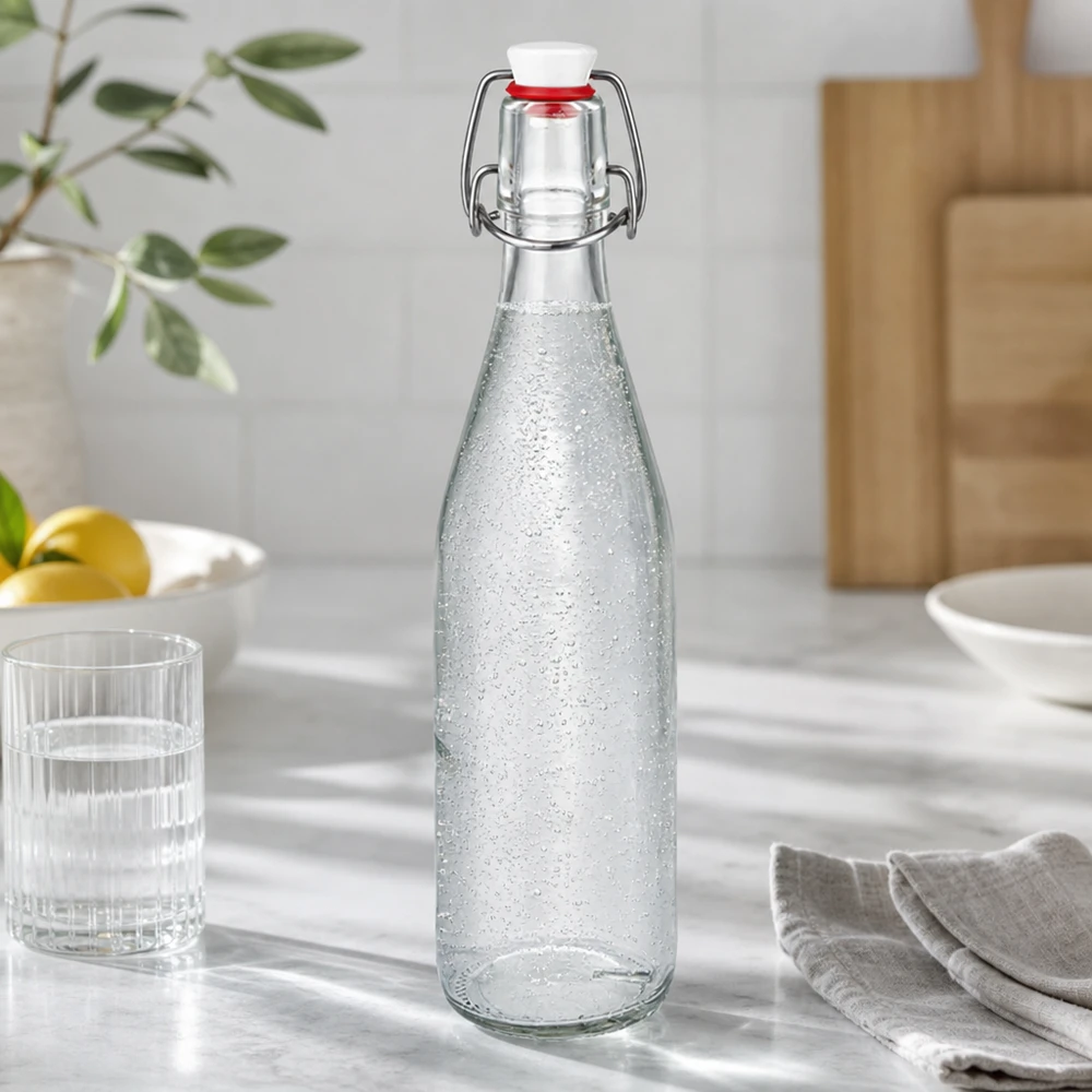 500ml glasflaska + svängbar topp porslin UNiTWIST 500 ml glasflaska med svängbart lock fylld med kolsyrat vatten i modernt kök bredvid glas och bestick