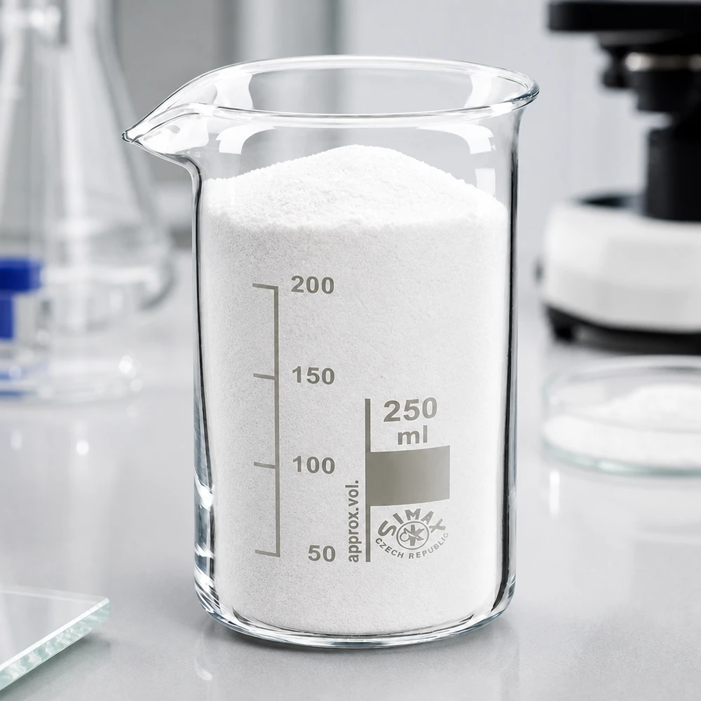 Ett 250 ml begerglas med hög form, fyllt med vitt pulver, på ett ljust laboratoriebord med ett mikroskop