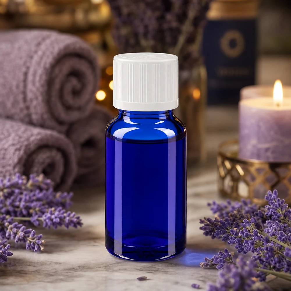 Apoteksflaska blå 10ml dropplock vit barnskyddande standard Blå glasflaska på 10 ml med vit droppkork mellan lavendelblommor och ett ljus